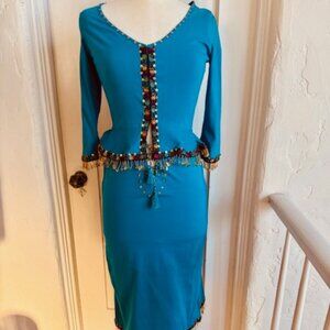 RARE Vintage 90s Betsey Johnson Turquoise Outfit w Sequins and Metallic Fringe